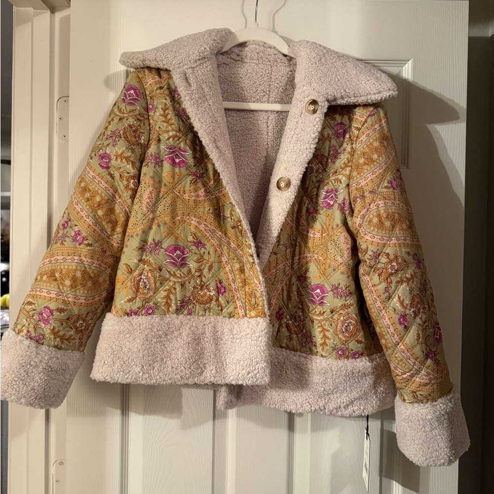 Spell Belladonna Reversible Shearling Jacket with Pink and Cream Floral Design